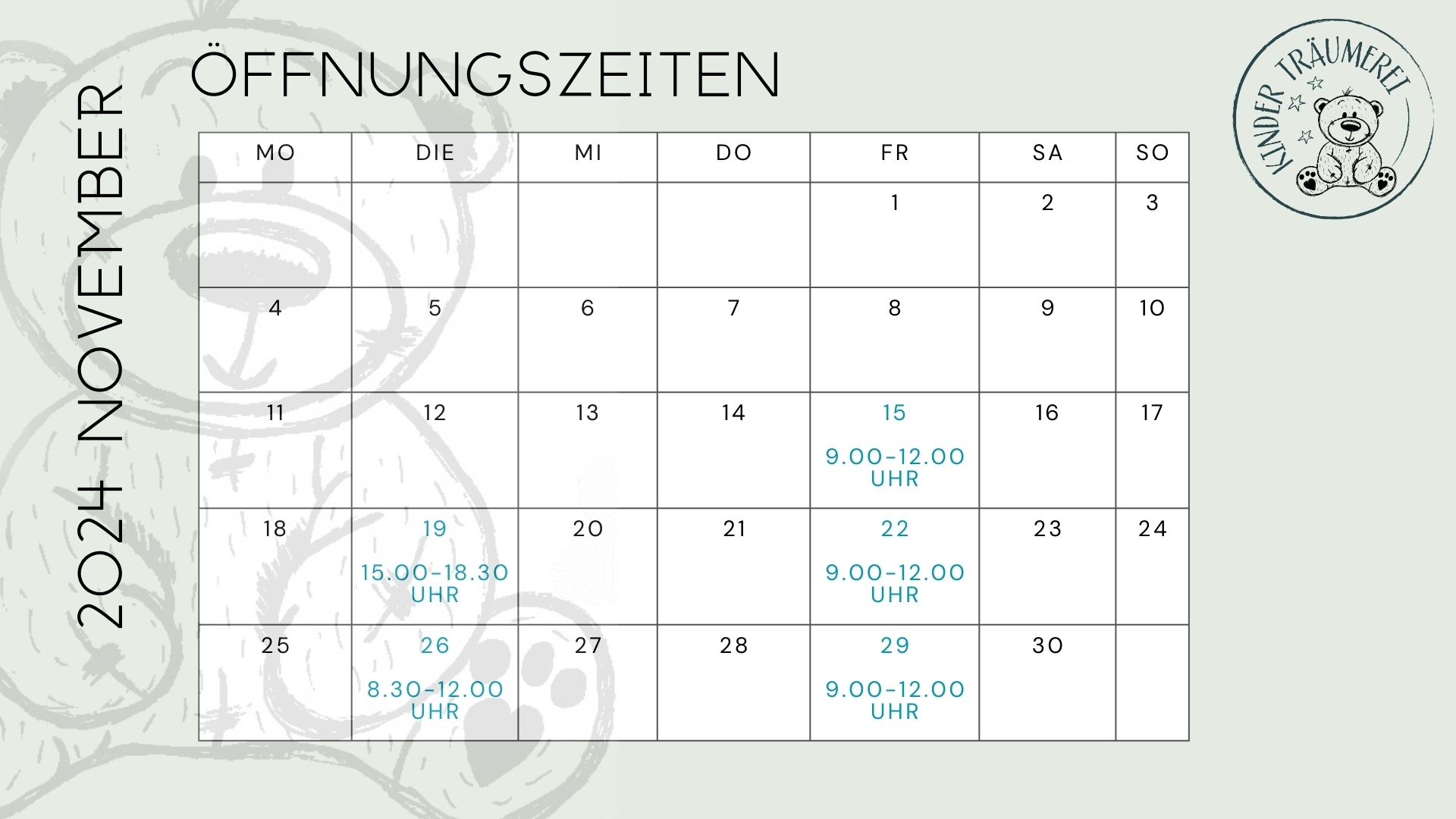 Kalender mit Öffnungszeiten November